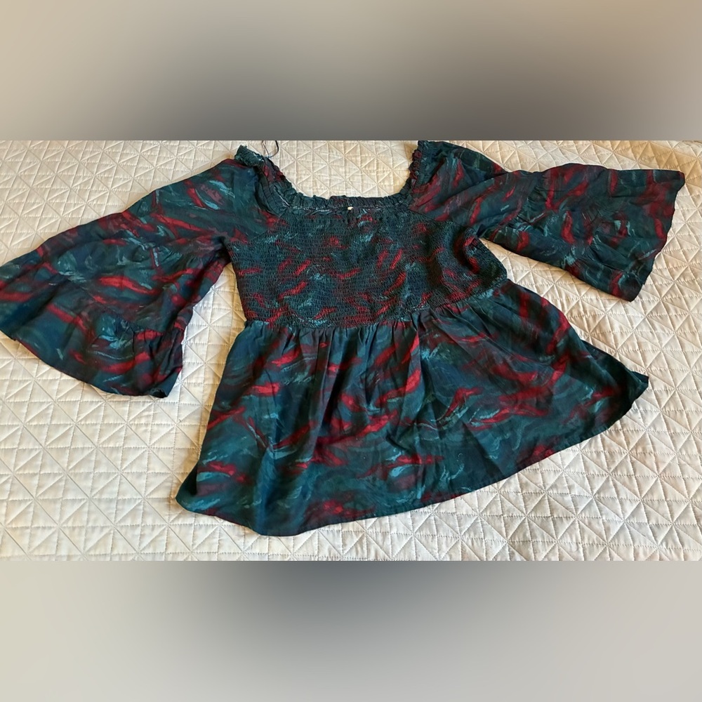 Size 1X Terra & Sky Blouse 16W-18W Wide Shoulders Top Teal Blue Elastic Shirt!